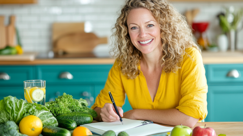 A smiling woman in a yellow shirt writing in a notebook at a kitchen table with fresh fruits and vegetables