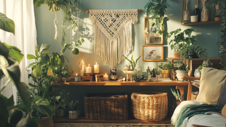 Cozy indoor space with plants, macrame wall hanging, candles, and woven baskets.