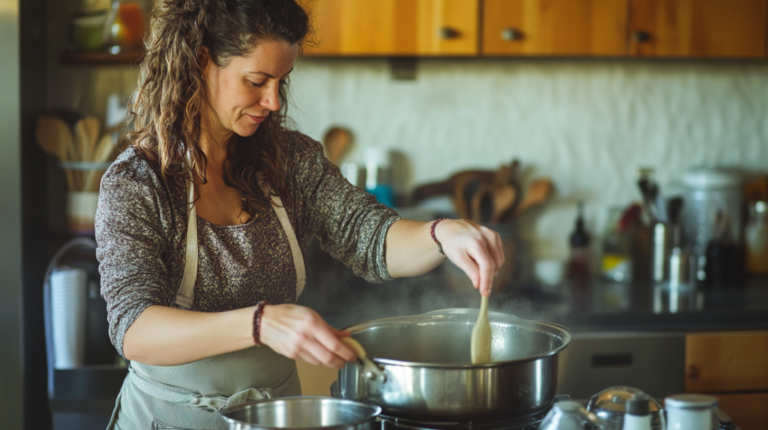 A woman making candles in her kitchen