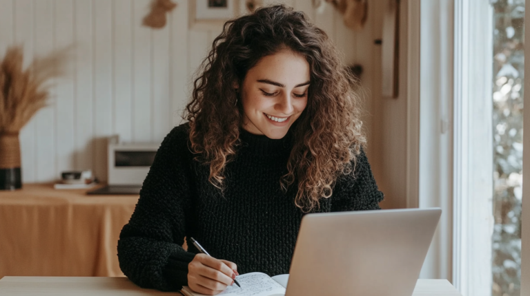 A woman smiling and leaning over a kitchen counter, using a laptop in a bright, modern kitchen