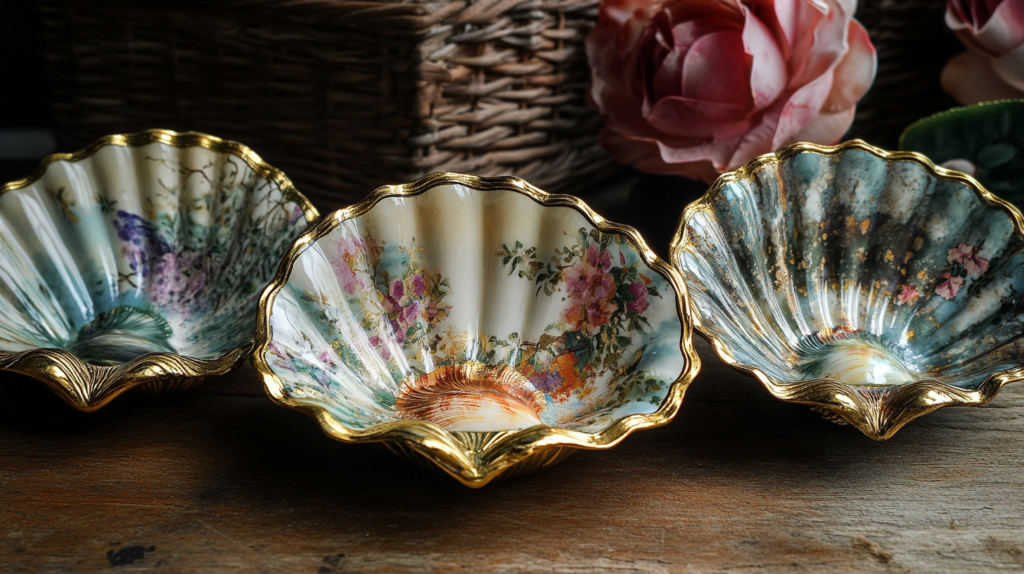 A large scallop shell, with a decoupage design of floral patterns. The shell is gold gilded. It is staged on a beautiful background