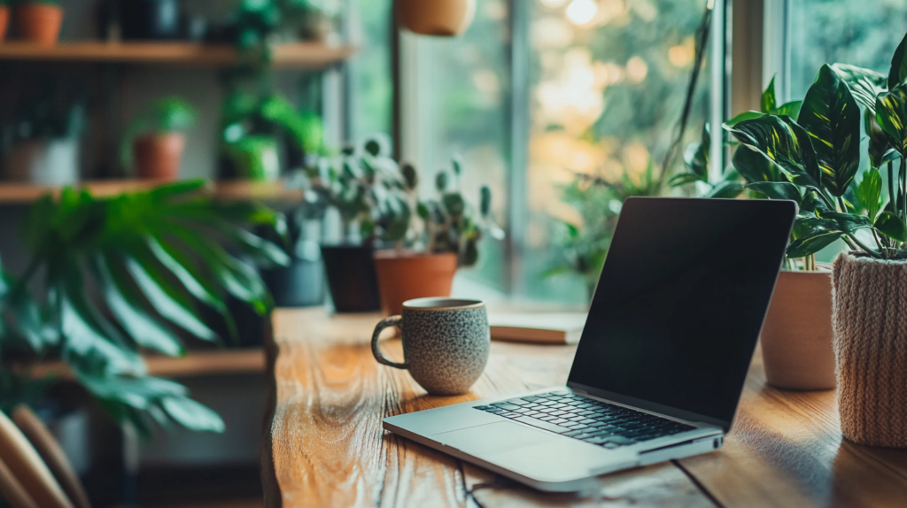A laptop and coffee mug on a wooden table surrounded by green potted plants near a large window with natural light.