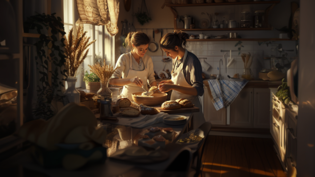 Two people baking bread together in a warmly lit rustic kitchen with wooden shelves, plants, and sunlight streaming in.