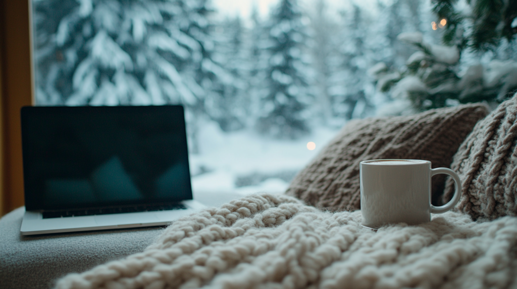 A cozy scene with a white mug on a chunky knit blanket next to a laptop, with a snowy winter landscape visible through the window in the background.