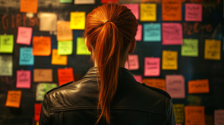 Back view of a woman with red hair in a ponytail, standing in front of a wall covered with colorful sticky notes.