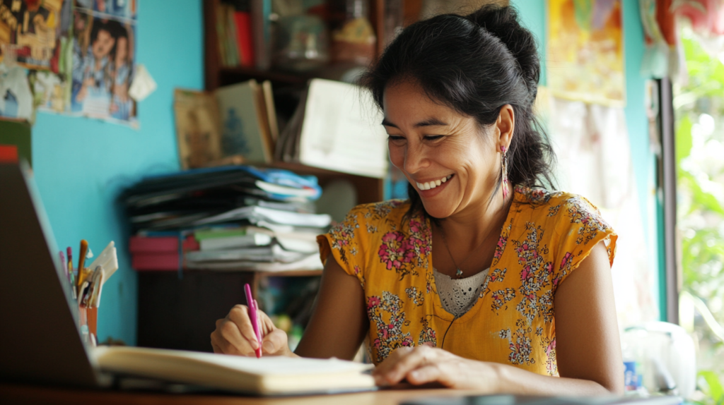 A smiling woman working from home, writing in a notebook with a laptop nearby, representing the concept of engaging in side hustles for extra income.