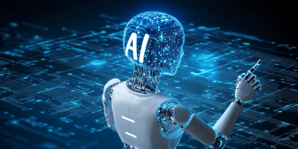 Humanoid robot with AI displayed on its head, interacting with a holographic digital interface.