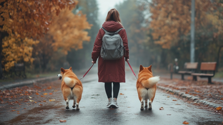 A woman in a red poncho with a grey backpack walking to corgis.